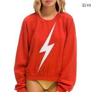 Aviator Nation⚡️❤️Red Sweatshirt with White Lightning Bolt, Medium